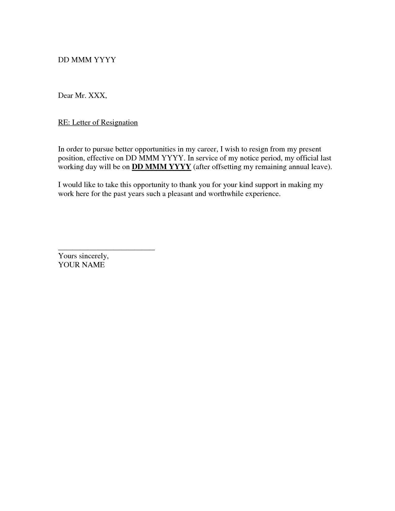 write resignation letter template blank